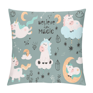 Personality  Set Of Magic Unicorns. Cartoon Design For Birthday Invitation, Poster, Clothing, Nursery Wall Art And Card. Pillow Covers