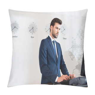 Personality  Low Angle View Of Confident Receptionist In Suit Looking At Computer Monitor In Hotel  Pillow Covers