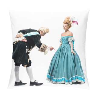 Personality  Handsome Gentleman Bowing Down Near Beautiful Victorian Woman In Blue Dress Isolated On White   Pillow Covers