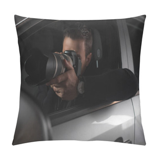 Personality  Paparazzi Doing Surveillance By Camera With Lens From His Car  Pillow Covers