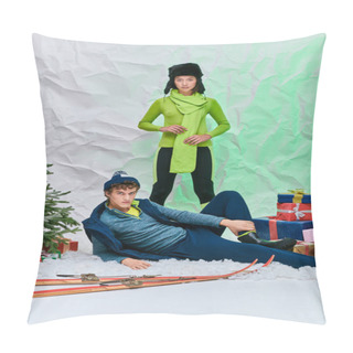 Personality  Asian Woman Looking At Camera Near Trendy Man On Snow Near Presents And Christmas Tree In Studio Pillow Covers