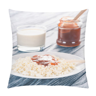 Personality  Close-up View Of Delicious Cottage Cheese With Jam And Glass Of Milk On Wooden Table  Pillow Covers