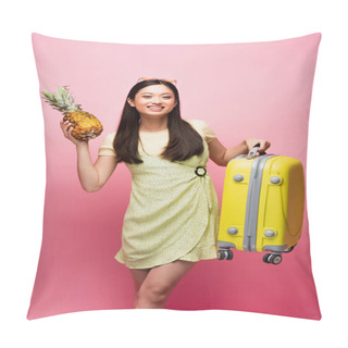 Personality  Happy Asian Girl Holding Baggage And Fresh Pineapple On Pink  Pillow Covers