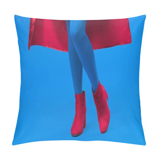 Personality  Partial View Of Woman In Superhero Costume Isolated On Blue Pillow Covers