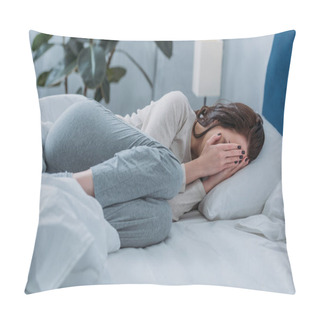 Personality  Depressed Woman Lying In Bed, Crying And Covering Face With Hands  Pillow Covers