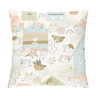Personality  Spring Seamless Pattern With Flowers,birds And Birdhouses Pillow Covers