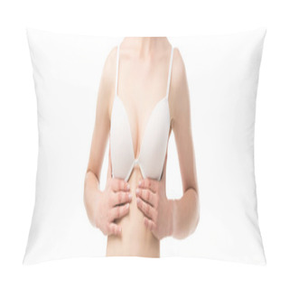Personality  Panoramic Shot Of Young Woman In Bra Isolated On White Pillow Covers