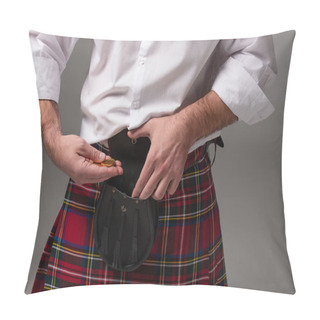 Personality  Partial View Of Scottish Man In Red Kilt Putting Gold Coins In Belt Bag Isolated On Grey Pillow Covers