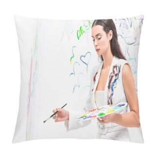 Personality  Close Up Of Beautiful Woman In Total White Posing With Drawing Equipment Pillow Covers