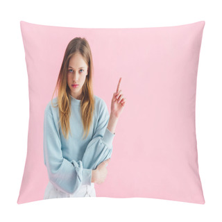 Personality  Sad Teenage Girl Pointing With Finger Isolated On Pink Pillow Covers