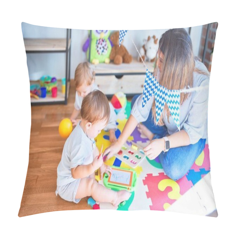 Personality  Beautiful teacher and toddlers playing around lots of toys at kindergarten pillow covers