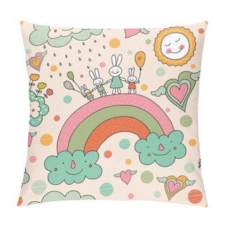 Personality  Cheerful Rabbits Walk Over The Rainbow. Cute Postcard. Pillow Covers