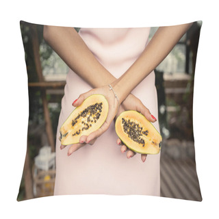 Personality  Cropped View Of Young African American Woman In Summer Dress Holding Fresh Papaya And Standing In Blurred Indoor Garden, Trendy Woman Surrounded By Tropical Lushness Pillow Covers