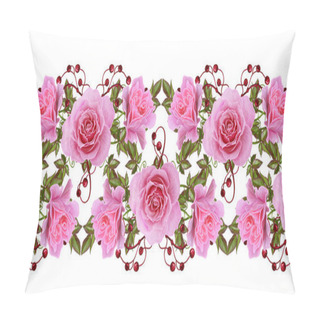 Personality  Horizontal Floral Border. Pattern, Seamless. Flower Garland Of Delicate Pink Roses, Green Leaves And Bright Red Berries. Openwork Lace, Weaving, Pearl Composition Beads. Pillow Covers