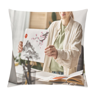Personality  Cropped Teenage Girl Showing Her Artwork While Studying And Looking At Her Laptop, Online Art Class Pillow Covers