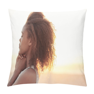Personality  Woman With Eyes Closed On Beach At Dusk Pillow Covers