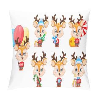 Personality  Cute Baby Deer. Cheerful Little Reindeer Cartoon Character, Set Of Seven Poses. Merry Christmas And Happy New Year. Stock Vector Illustration On White Background Pillow Covers