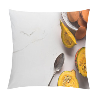 Personality  Top View Of Plate With Sweet Potato Slices Near Pumpkin Pieces On Marble Surface With Spoon Pillow Covers