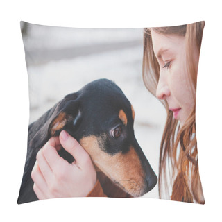 Personality  Loving And Adoring Dogs: Woman With Her Puppy. Young Female And Dachshund Bonding And Hugging At A Walk Outdoors Pillow Covers
