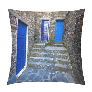 Personality  Detail Of Three Blue Doors At The Ancient Village Of Piodao, Arg Pillow Covers