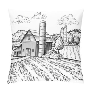 Personality  Rural Landscape, Farm Barn And Windmill Sketch. Hand Draw Illustration Of Countryside Natural Scenic. Agricultural Farmhouse And Field. Vector Monochrome Outline Image Pillow Covers