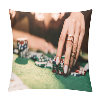 Personality  Cropped Image Of Girl Playing Poker And Taking Chips At Table In Casino Pillow Covers