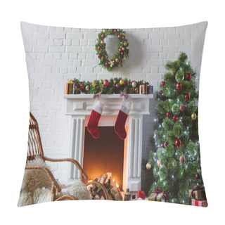 Personality  Living Room With Fireplace, Rocking Chair And Decorated Christmas Tree Pillow Covers