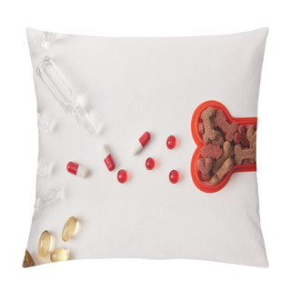 Personality  Top View Of Ampoules With Medical Liquid, Various Pills And Plastic Bone With Dog Food On White Surface  Pillow Covers