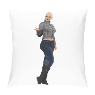 Personality  Contemporary Woman In Jeans With Long Red Windblown Hair On Isolated White Background, 3D Rendering, 3D Illustration Pillow Covers