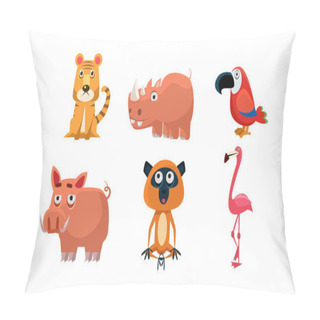 Personality  Cute Wild African Animals Set, Tiger, Rhino, Parrot, Boar, Flamingo, Lemur Vector Illustration On A White Background Pillow Covers