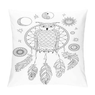 Personality  Coloring Page With Symbol Moon, Sun, Jin Yang, Patterned Owl And Feathers For Adult Antistress Coloring Book, Album, Wall Mural, Art, Tattoo. Black And White Outline Illustration.  Eps 1 Pillow Covers