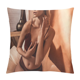 Personality  Partial View Of Female Model In Red Lace Lingerie Posing On Bed Pillow Covers