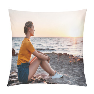 Personality  Side View Of Pensive Young Woman Sitting On Plaid At Beautiful Sea Coast At Sunset  Pillow Covers