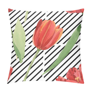 Personality  Red Tulips With Green Leaves On Black And White Striped Background. Watercolor Illustration Set. Seamless Background Pattern. Pillow Covers