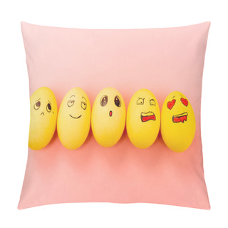 Personality  Top View Of Painted Easter Eggs With Different Facial Expressions On Pink Background Pillow Covers