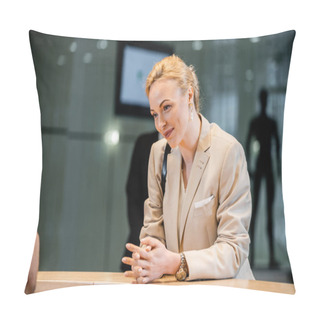 Personality  Polite Businesswoman Talking To Receptionist In Hotel, Hospitality Industry, Blonde And Cheerful Woman Communicating With Hotel Staff, Personal Security, Private Safety, Bodyguards On Background  Pillow Covers