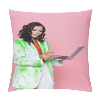 Personality  Young Brunette Woman In Blazer Holding Credit Card And Laptop Isolated On Pink  Pillow Covers