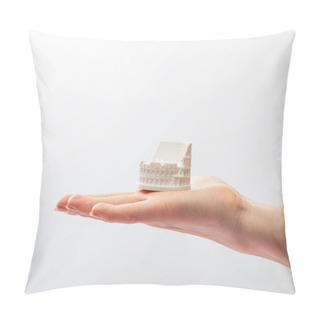 Personality  Cropped View Of Girl Holding Small Statuette Of Colosseum Isolated On White  Pillow Covers