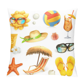 Personality  Summer Beach, Set Of Vector Icons Pillow Covers