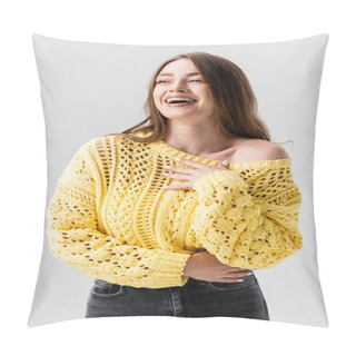 Personality  Beautiful Girl Laughing While Holding Hand On Chest And Looking Away Isolated On Grey Pillow Covers