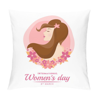 Personality  International Women's Day Banner With Woman Lady Brown Long Hair And Pink Flora Vector Design Pillow Covers