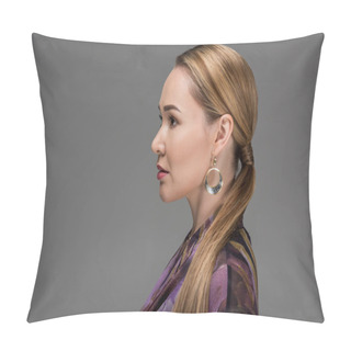 Personality  Profile Portrait Of Beautiful Kazakh Woman Looking Away Isolated On Grey Pillow Covers