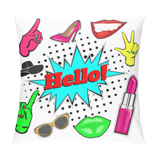 Personality  Set Of Shopping Patch Badges. Vector Shop Stickers. Pop Art Illustration With Hat, Shoes, Purse, Lips, Sunglasses, Lipstick, Gestures Pillow Covers