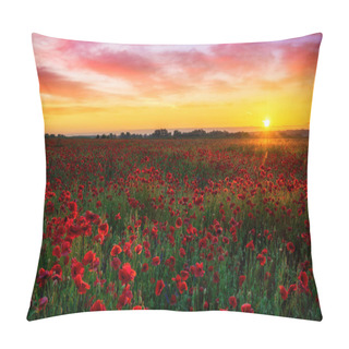 Personality  Beautiful Poppy Field During Sunrise Pillow Covers