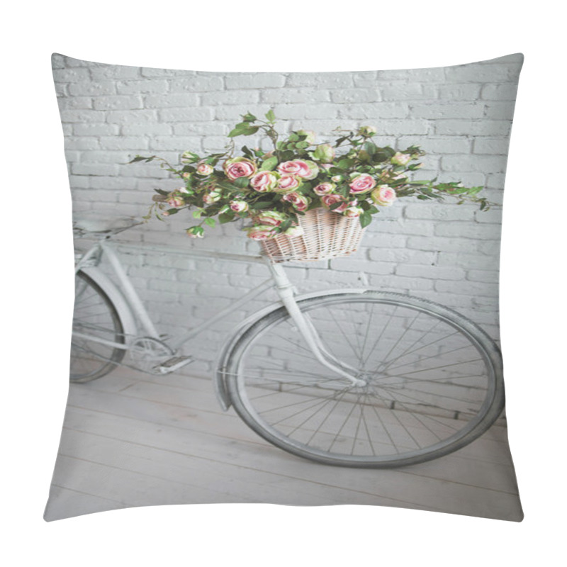 Personality  Old bicycle and flowers close to the white brick wall pillow covers