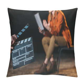Personality  Selective Focus Of Actor With Clapboard In Front  Pillow Covers