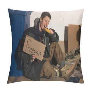 Personality  Homeless Man Eating Corn Cob And Holding Cardboard Card With 
