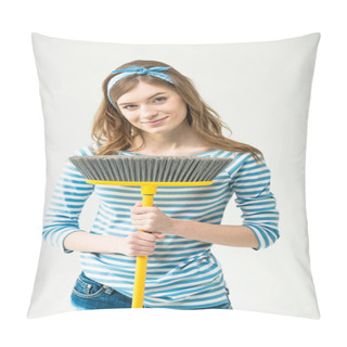 Personality  Young Woman With Broom Pillow Covers