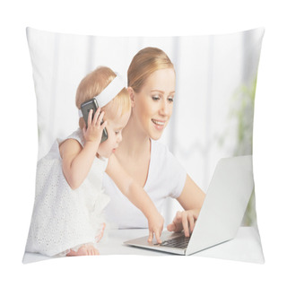 Personality  Mother With Baby Daughter Works With A Computer And Phone Pillow Covers