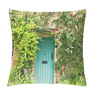 Personality  Green Wooden Doors In An Old Traditional English Stone Cottage Surrounded By Climbing Red Roses Pillow Covers